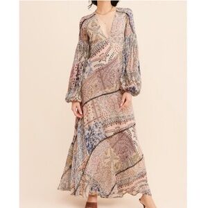 Free People Moroccan Dreams Beige Multi Pleated Balloon Sleeves Maxi Dress